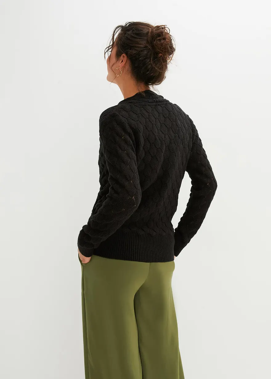 Bonprix Kuscheliger Ajour-Pullover In Modischer Wickeloptik. - Schwarz