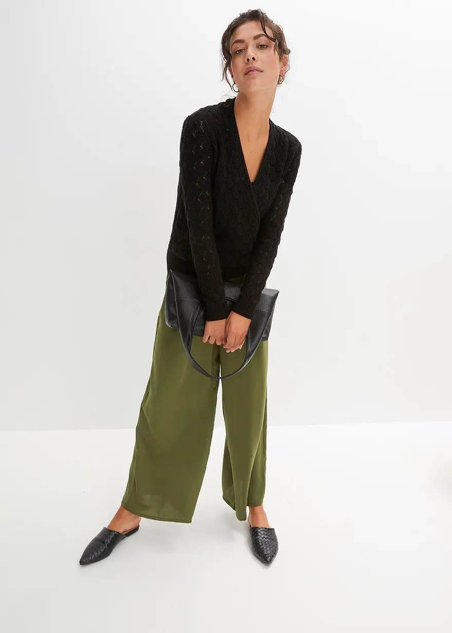 Bonprix Kuscheliger Ajour-Pullover In Modischer Wickeloptik. - Schwarz