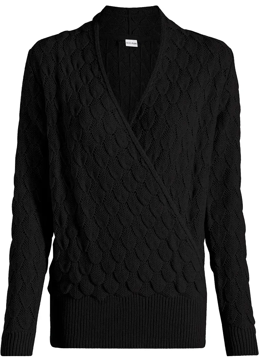 bonprix Kuscheliger Ajour-Pullover in modischer Wickeloptik. - schwarz