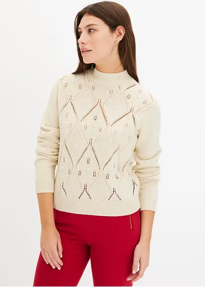 Bonprix Kuscheliger Pullover Mit Ajourmuster Und Perlen - Beige