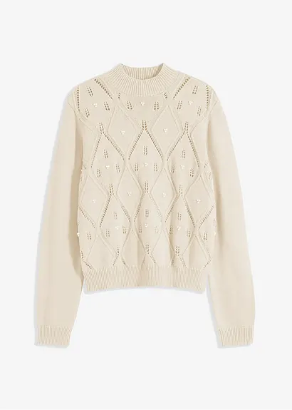 bonprix Kuscheliger Pullover mit Ajourmuster und Perlen - beige