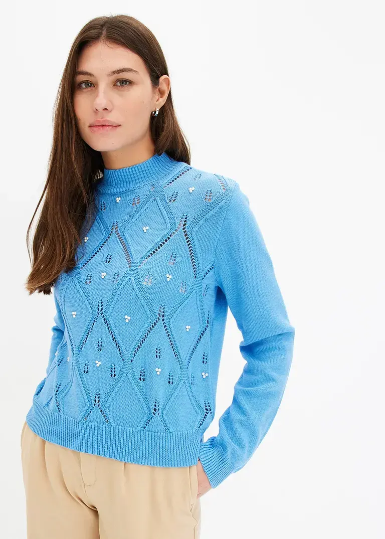 Bonprix Kuscheliger Pullover Mit Ajourmuster Und Perlen - Blau