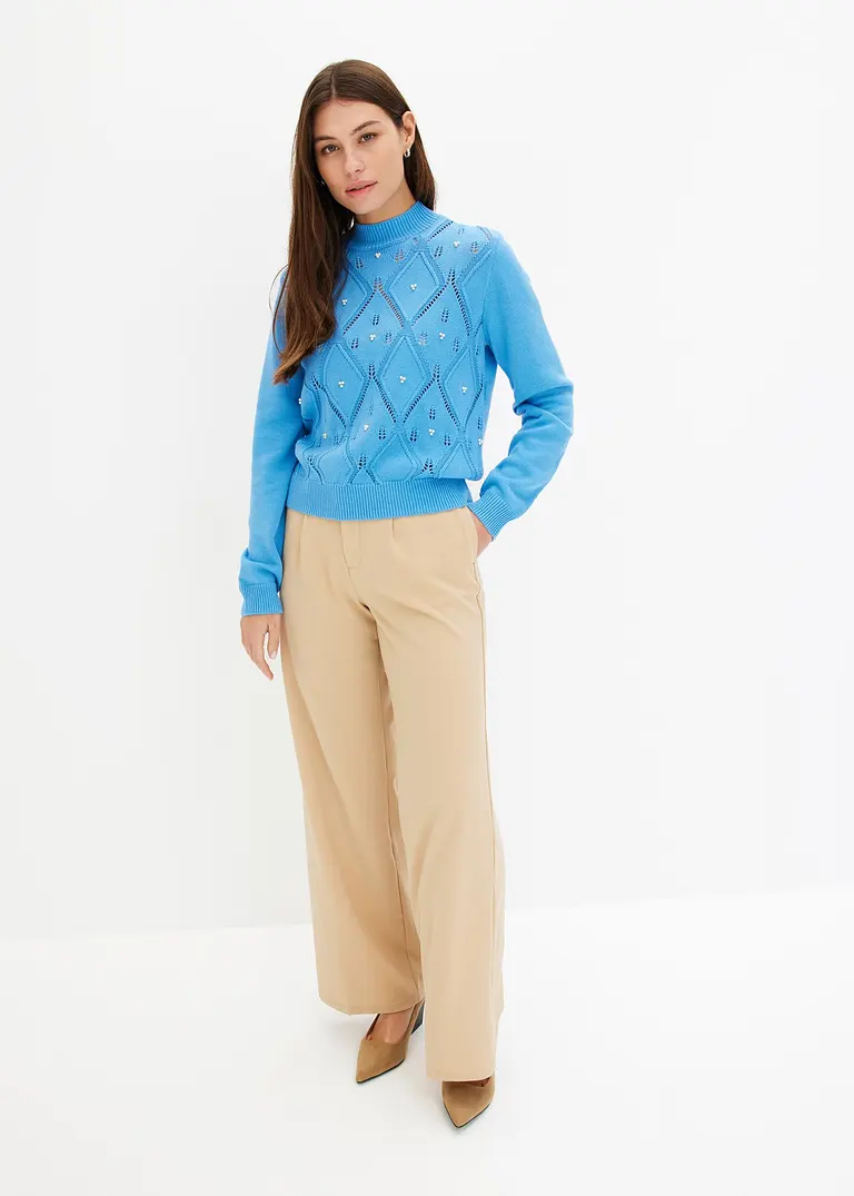 Bonprix Kuscheliger Pullover Mit Ajourmuster Und Perlen - Blau