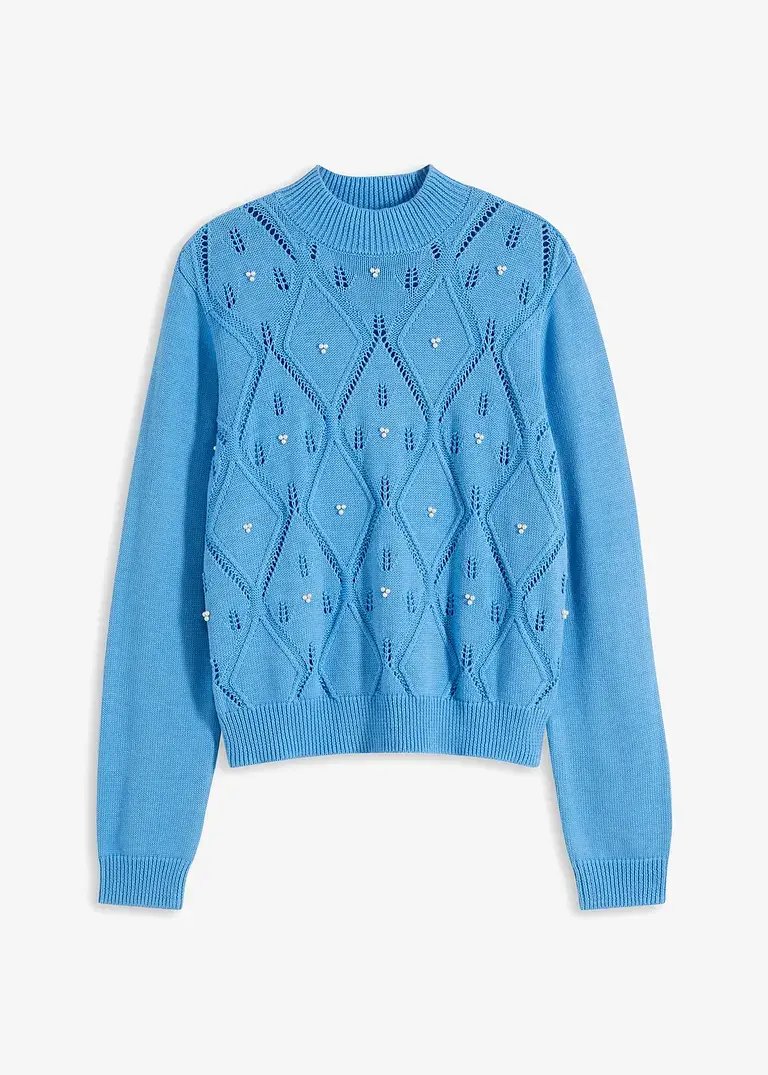 bonprix Kuscheliger Pullover mit Ajourmuster und Perlen - blau