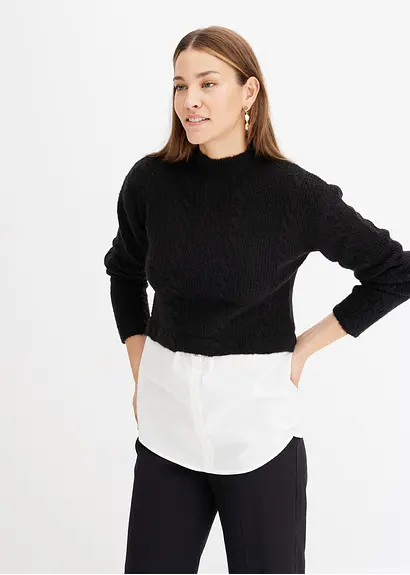 Bonprix Kuscheliger Pullover Mit Angesetztem Blusendetail - Schwarz