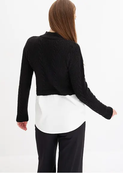 Bonprix Kuscheliger Pullover Mit Angesetztem Blusendetail - Schwarz