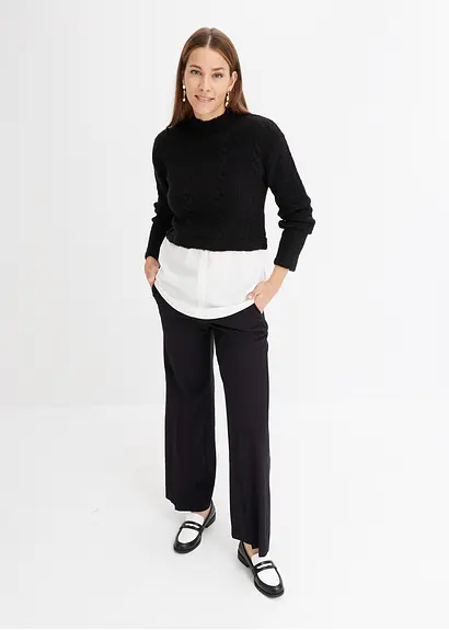 Bonprix Kuscheliger Pullover Mit Angesetztem Blusendetail - Schwarz
