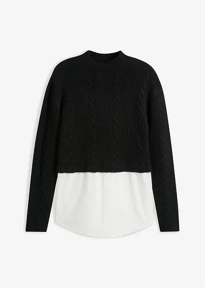 bonprix Kuscheliger Pullover mit angesetztem Blusendetail - schwarz