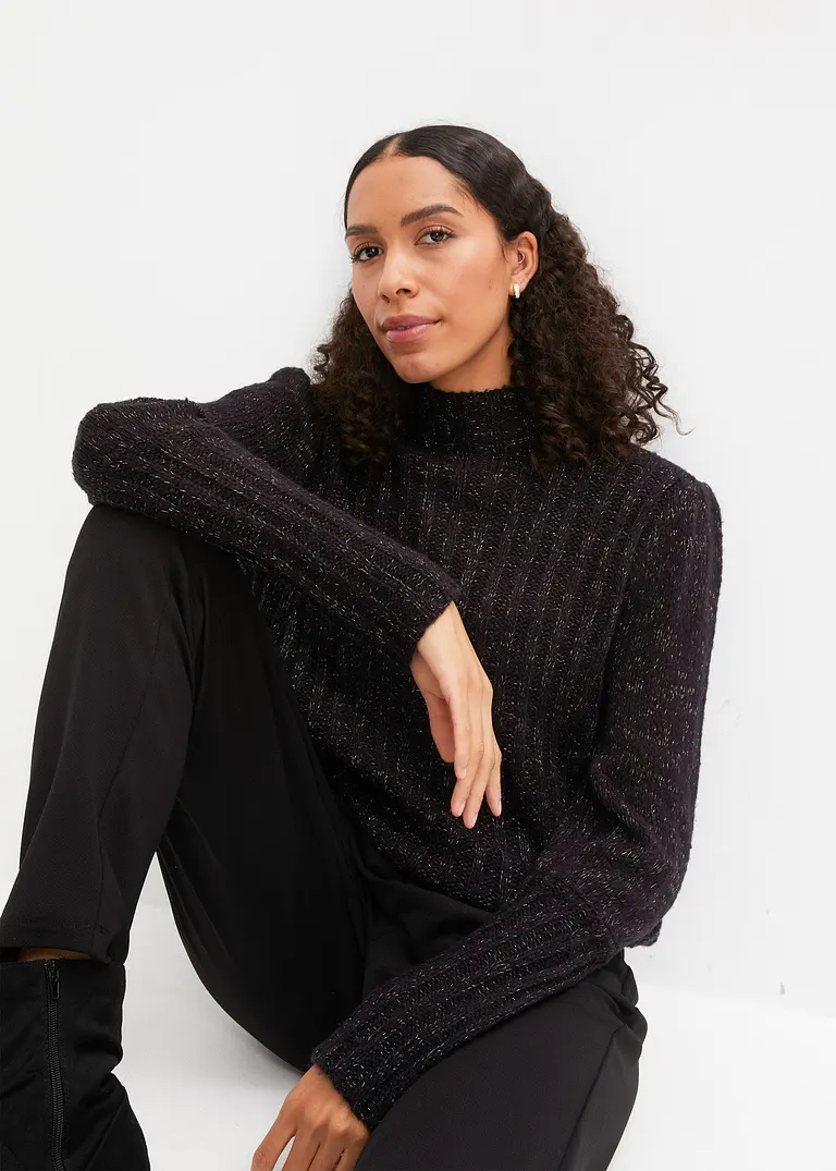 Bonprix Kuscheliger Pullover Mit Glanzeffekt Und Puffärmel - Schwarz