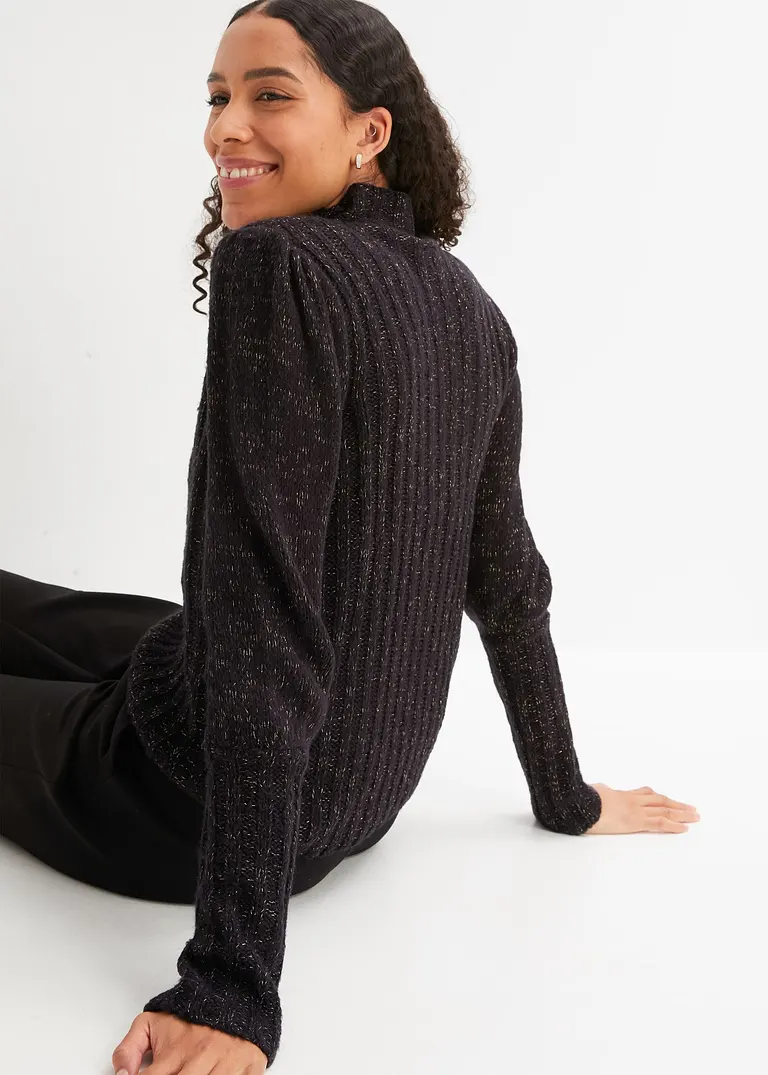 Bonprix Kuscheliger Pullover Mit Glanzeffekt Und Puffärmel - Schwarz