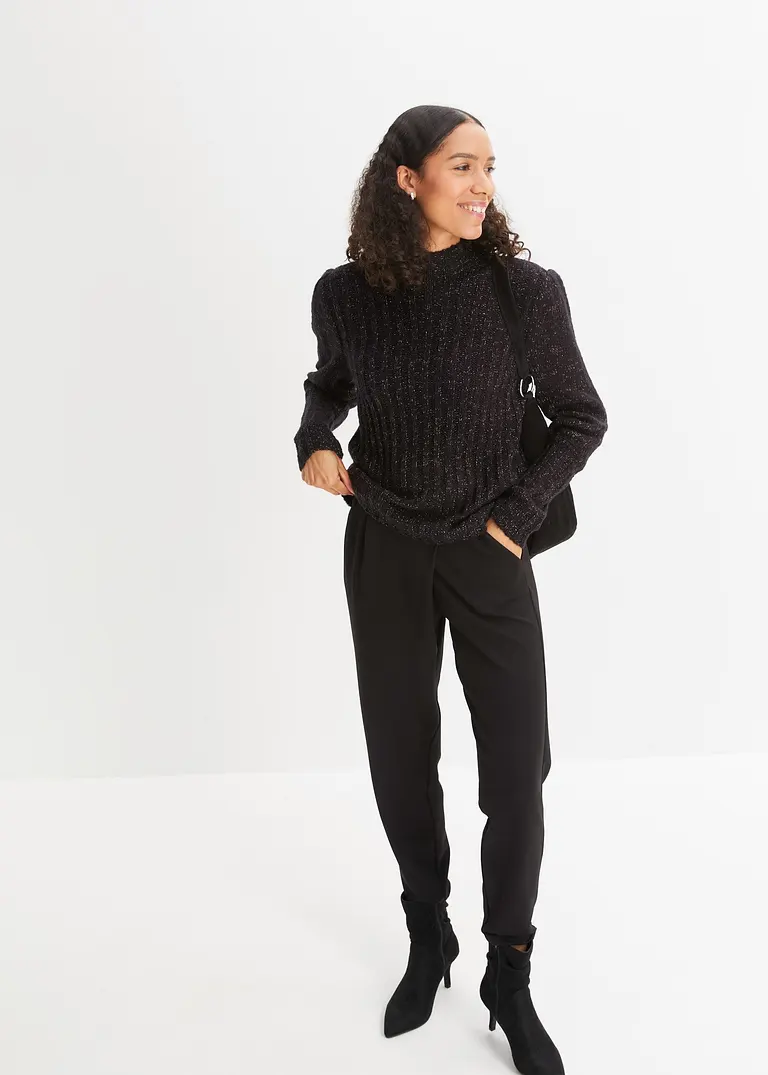 Bonprix Kuscheliger Pullover Mit Glanzeffekt Und Puffärmel - Schwarz