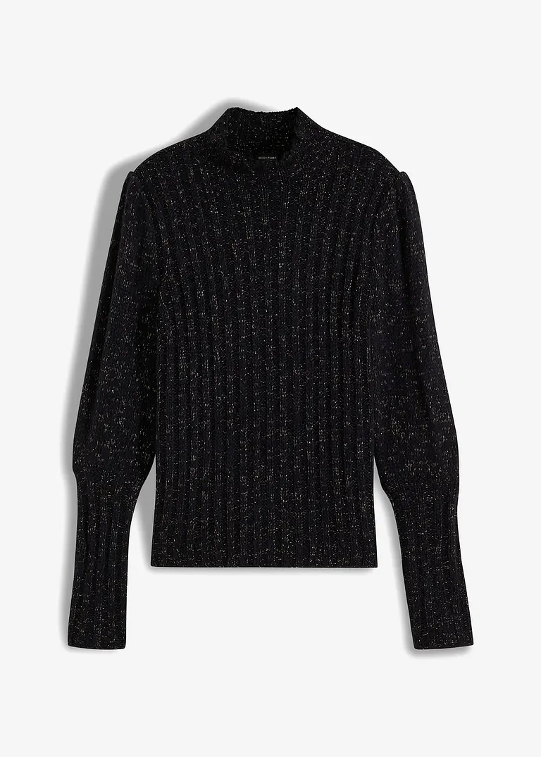 bonprix Kuscheliger Pullover mit Glanzeffekt und Puffärmel - schwarz