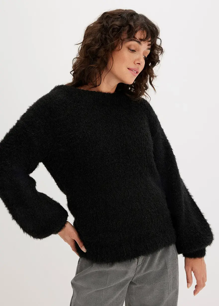 Bonprix Kuscheliger Pullover Mit Längeren Fasern - Schwarz