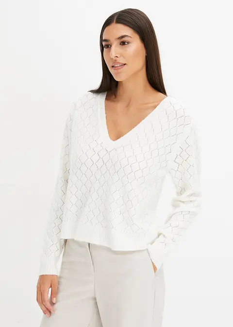 Bonprix Kuscheliger Pullover Mit Lochmuster - Weiß - Damen