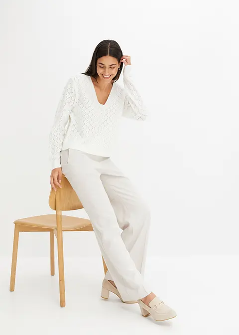 Bonprix Kuscheliger Pullover Mit Lochmuster - Weiß - Damen
