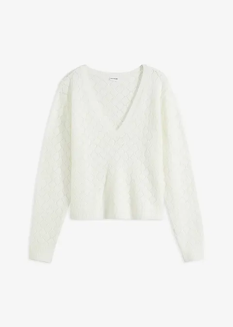 bonprix Kuscheliger Pullover mit Lochmuster - weiß - Damen