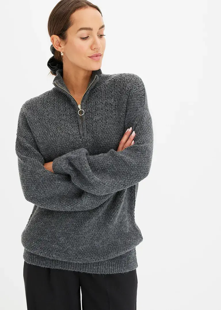 Bonprix Kuscheliger Pullover Mit Reißverschluss - Grau - Damen
