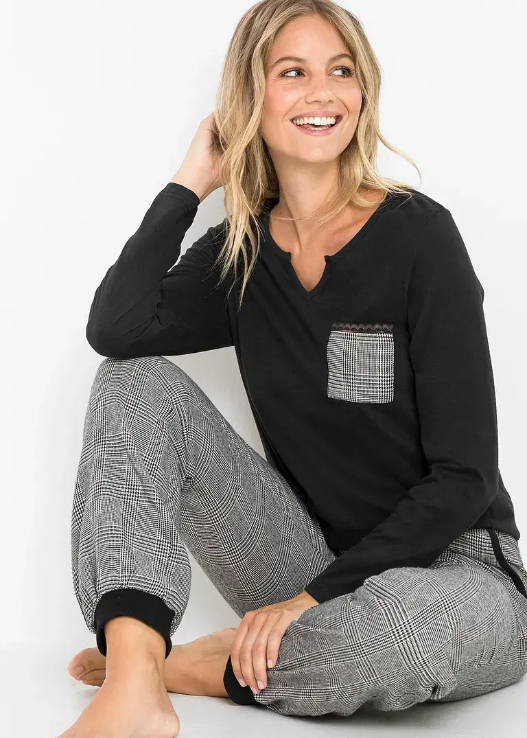 Bonprix Kuscheliger Pyjama Mit Flanellhose - Schwarz Kariert