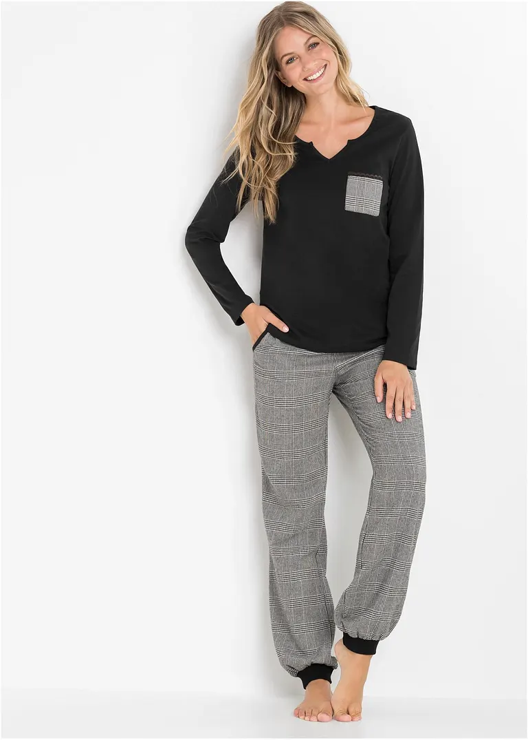 Bonprix Kuscheliger Pyjama Mit Flanellhose - Schwarz Kariert