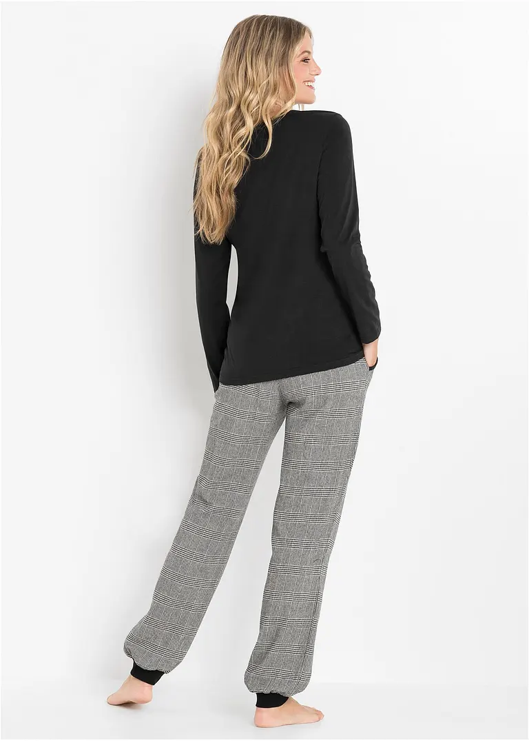 Bonprix Kuscheliger Pyjama Mit Flanellhose - Schwarz Kariert