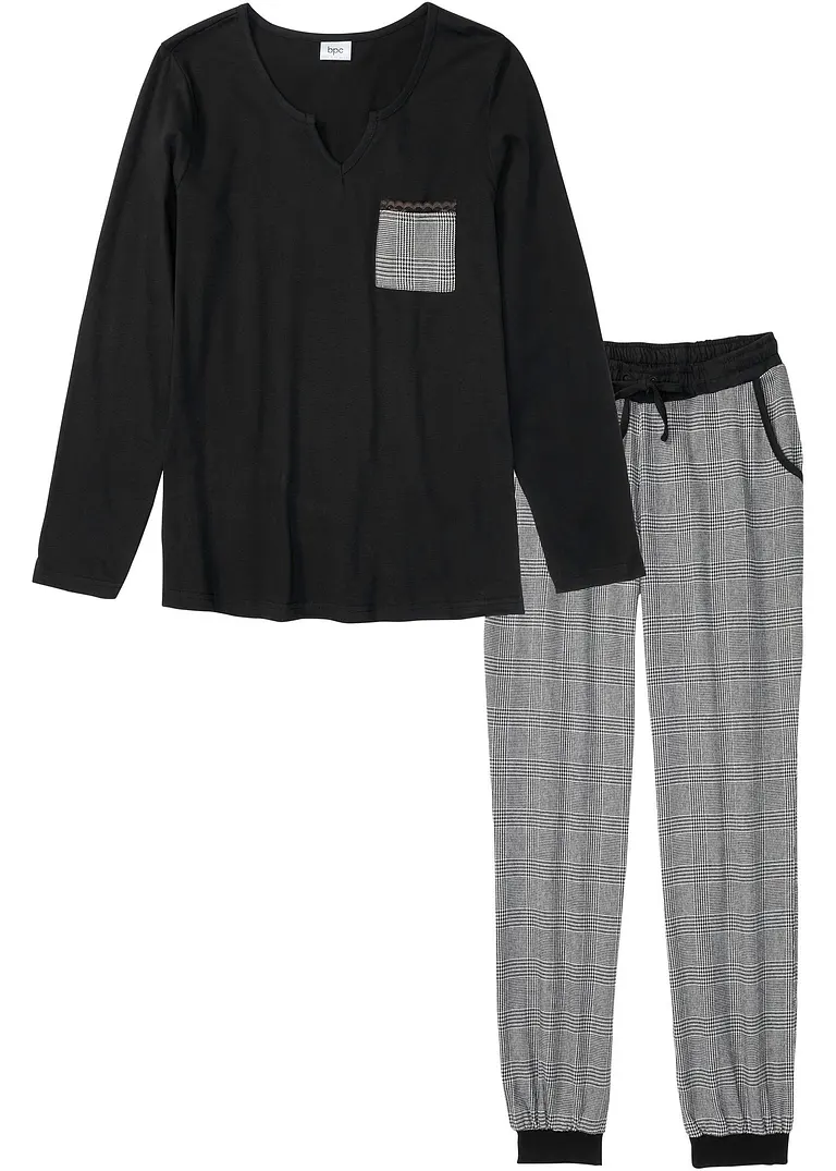 bonprix Kuscheliger Pyjama mit Flanellhose - schwarz kariert