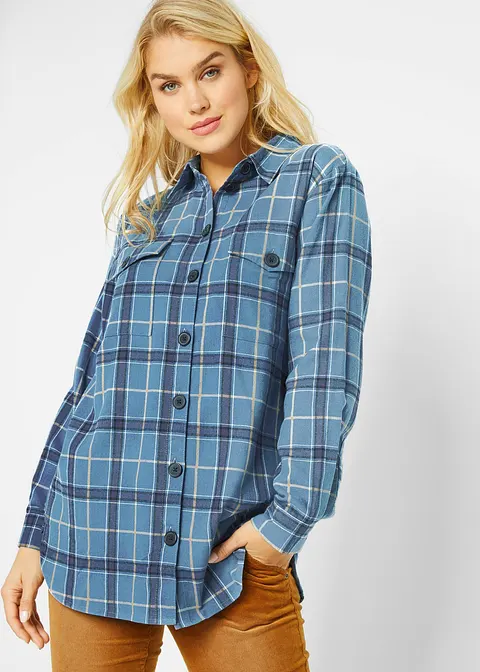 Bonprix Kuscheliges Komfortables Flanell-Hemd - Blau - Damen