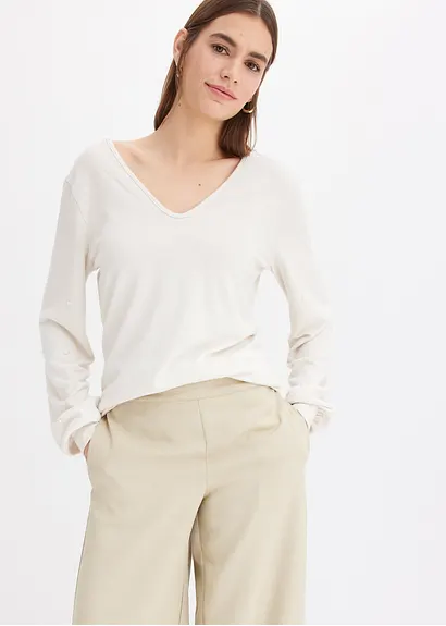Bonprix Kuscheliges Shirt Mit Dekorativen Perlen - Beige