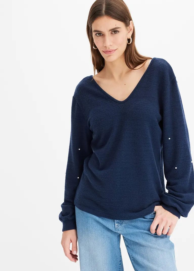Bonprix Kuscheliges Shirt Mit Dekorativen Perlen - Blau - Damen