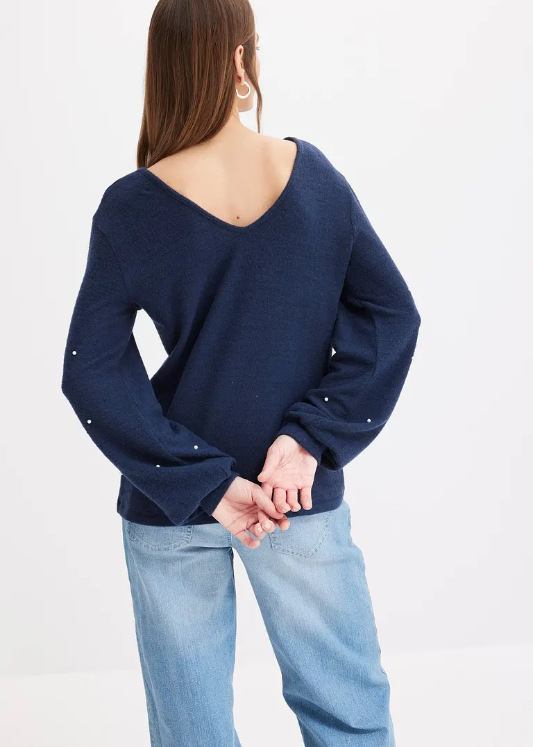 Bonprix Kuscheliges Shirt Mit Dekorativen Perlen - Blau - Damen