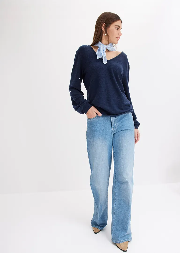 Bonprix Kuscheliges Shirt Mit Dekorativen Perlen - Blau - Damen