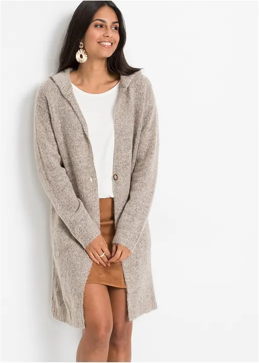 Bonprix Kuschelweiche Longstrickjacke Mit Funktionaler Kapuze. - Beige