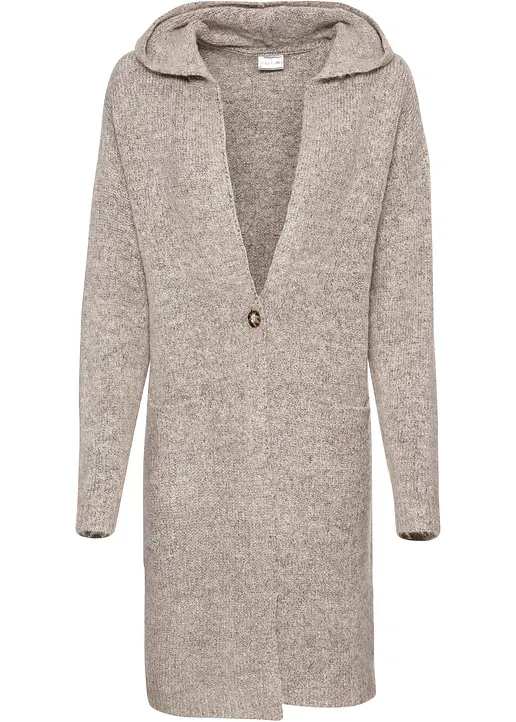 bonprix Kuschelweiche Longstrickjacke mit funktionaler Kapuze. - beige