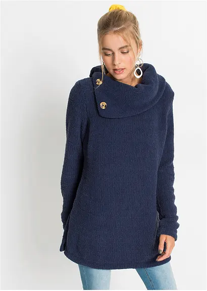 Bonprix Kuschliger Pullover Mit Knöpfen Am Kragen - Blau