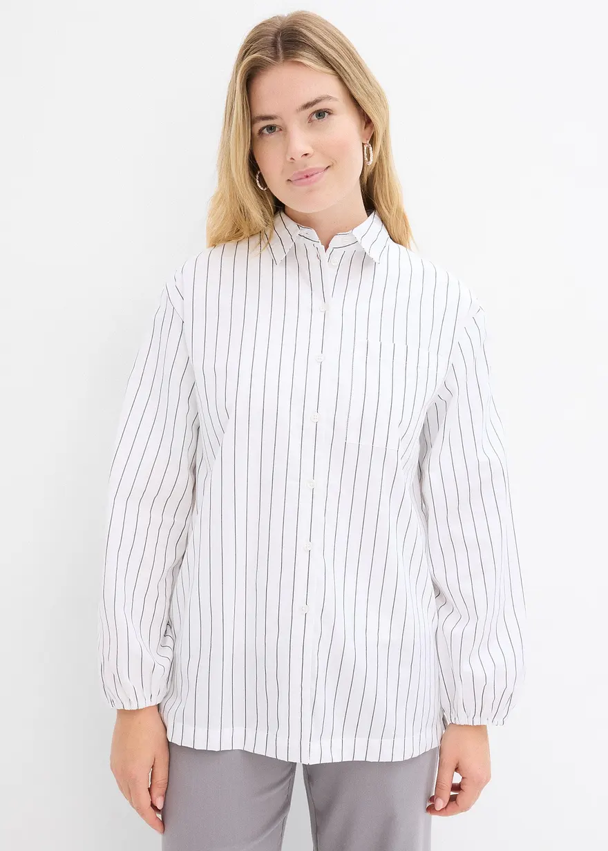 Bonprix Langarm Popline Bluse Mit Brusttasche Und Elastischem Ärmel-Bündchen