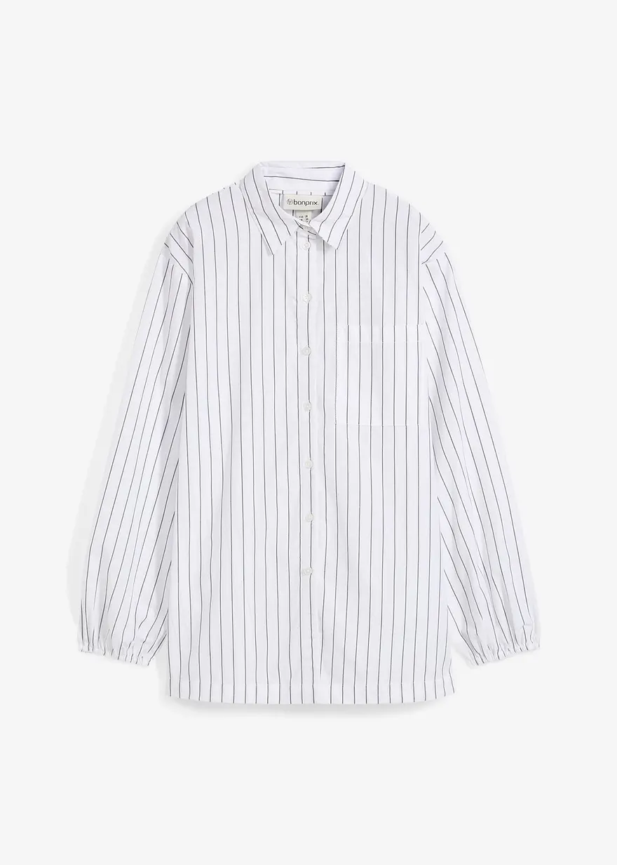 bonprix Langarm Popline Bluse mit Brusttasche und elastischem Ärmel-Bündchen