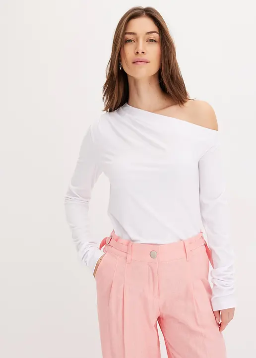Bonprix Langarm-Shirt Mit Eingelegten Falten An Der Schulter - Weiß