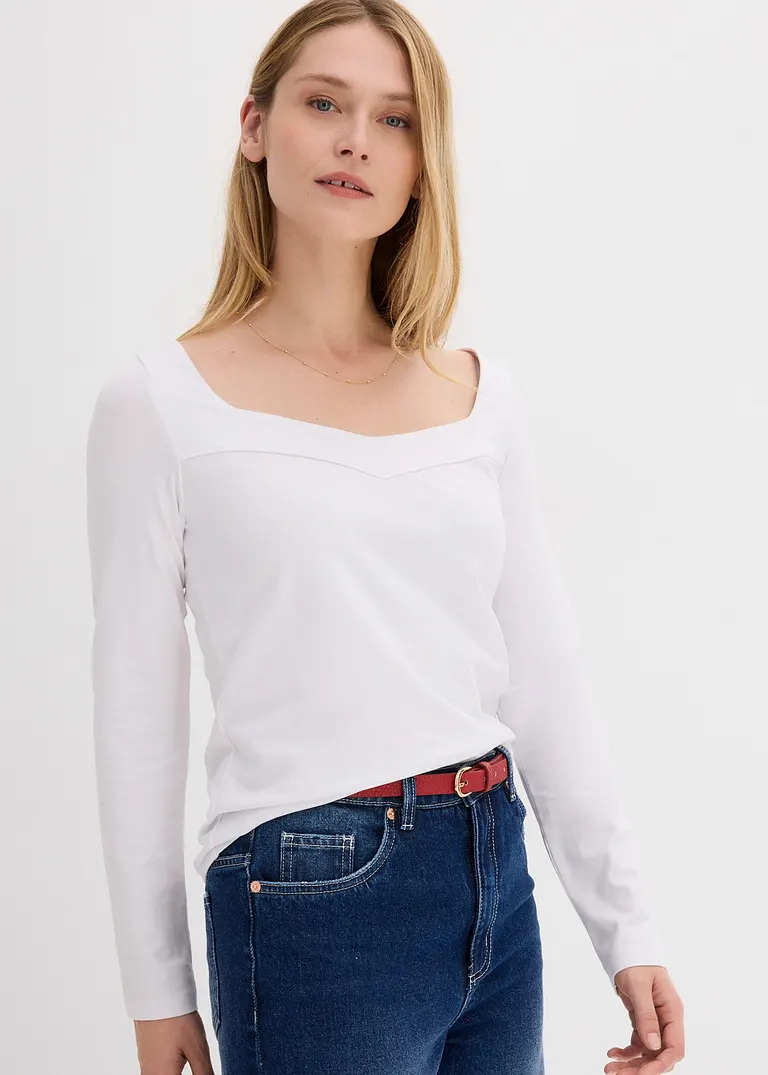 Bonprix Langarm-Shirt Mit Modischem Ausschnitt - Weiß - Damen