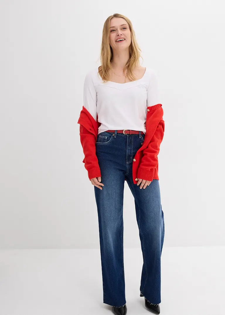 Bonprix Langarm-Shirt Mit Modischem Ausschnitt - Weiß - Damen