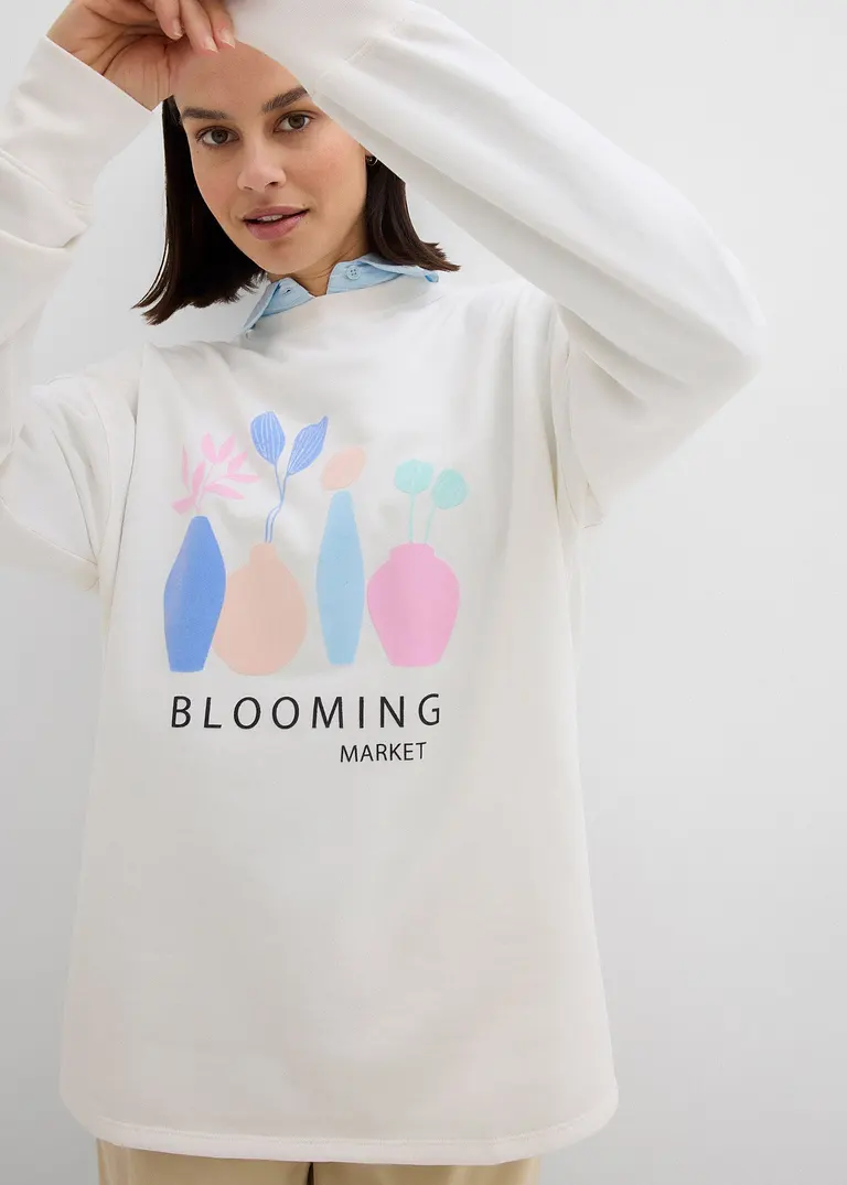 Bonprix Langarm-Sweatshirt Mit Blumen-Druck Und Seitenschlitzen - Lila
