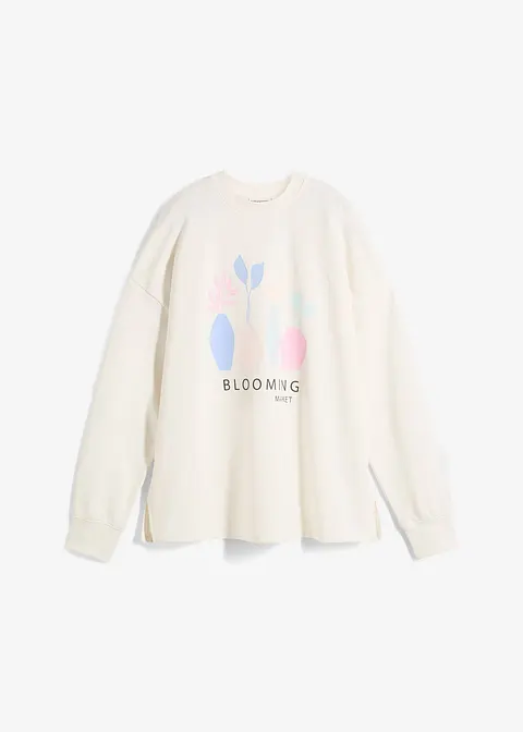bonprix Langarm-Sweatshirt mit Blumen-Druck und Seitenschlitzen - weiß