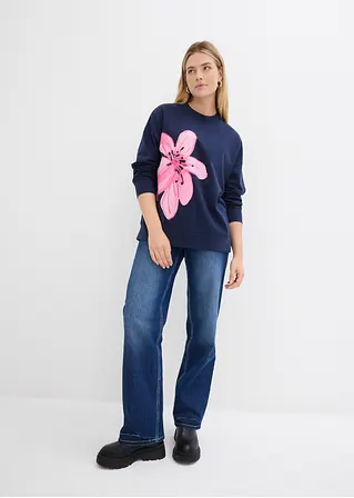 Bonprix Langarm-Sweatshirt Mit Blumendruck In Weiter Passform - Blau