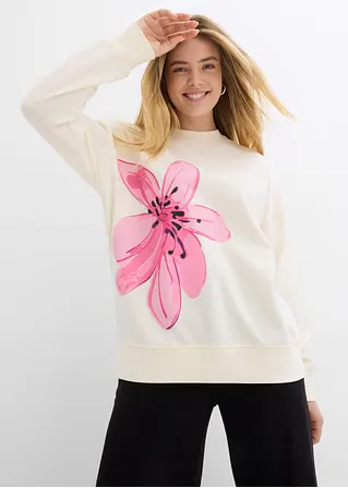 Bonprix Langarm-Sweatshirt Mit Blumendruck In Weiter Passform - Weiß