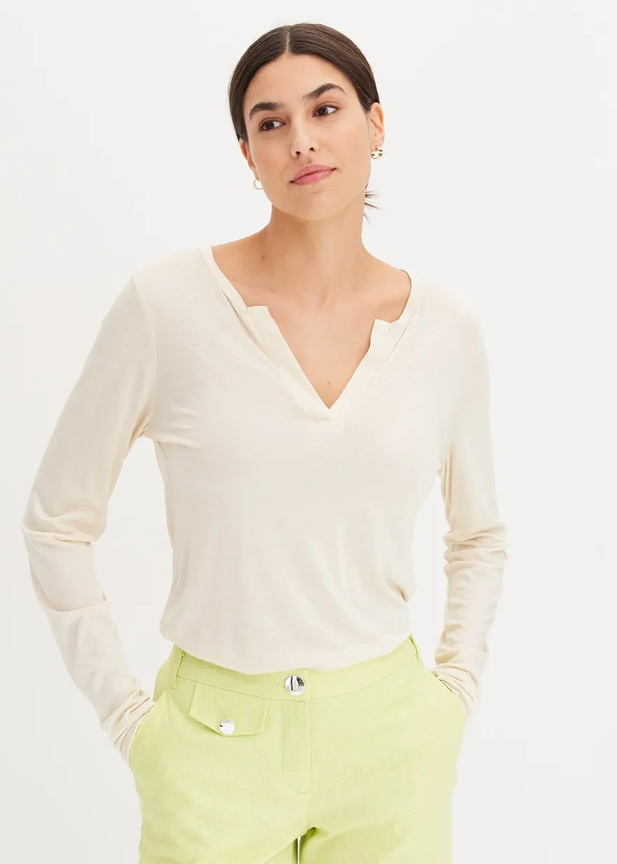 Bonprix Langarm T-Shirt Mit Offenem V-Ausschnitt - Beige