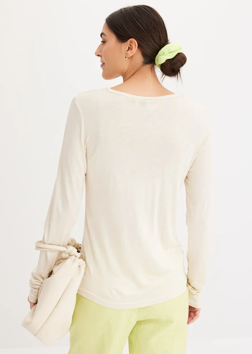 Bonprix Langarm T-Shirt Mit Offenem V-Ausschnitt - Beige