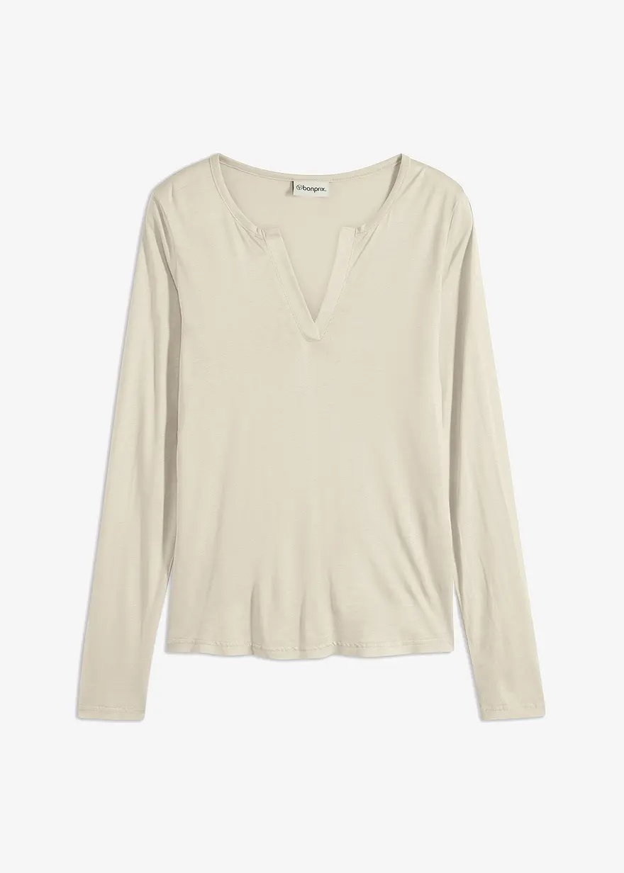bonprix Langarm T-Shirt mit offenem V-Ausschnitt - beige