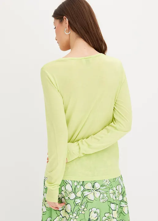 Bonprix Langarm T-Shirt Mit Offenem V-Ausschnitt - Grün - Damen