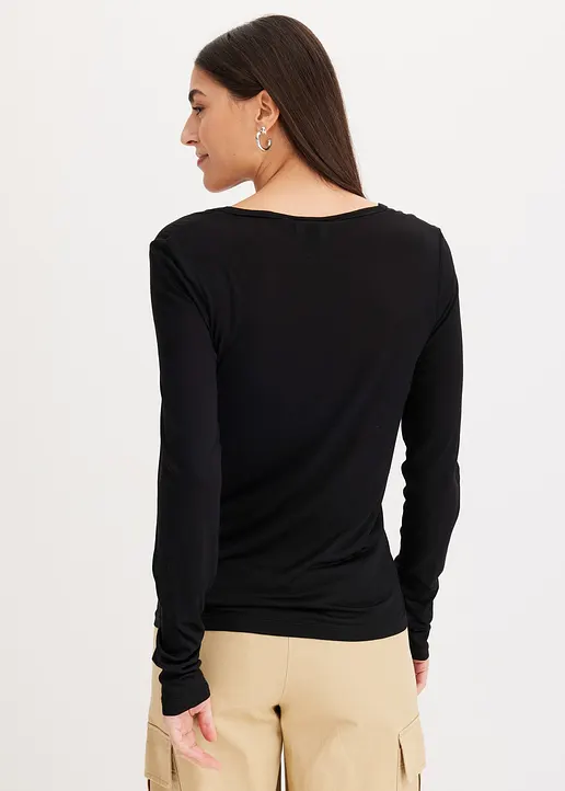 Bonprix Langarm T-Shirt Mit Offenem V-Ausschnitt - Schwarz