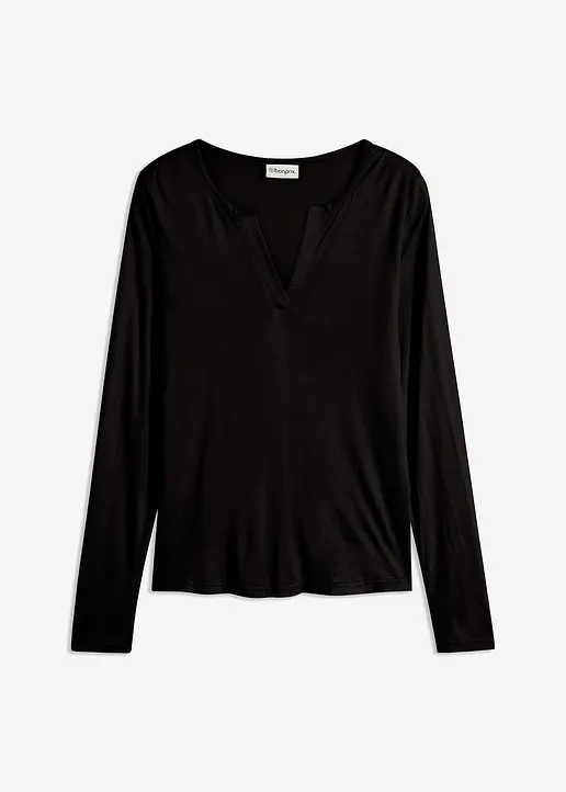 bonprix Langarm T-Shirt mit offenem V-Ausschnitt - schwarz