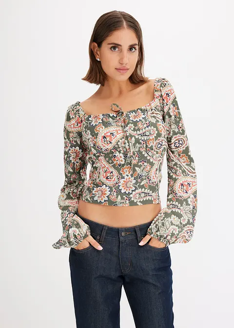Bonprix Langärmliges Blusenshirt Aus Viskose Mit Druck - Grün