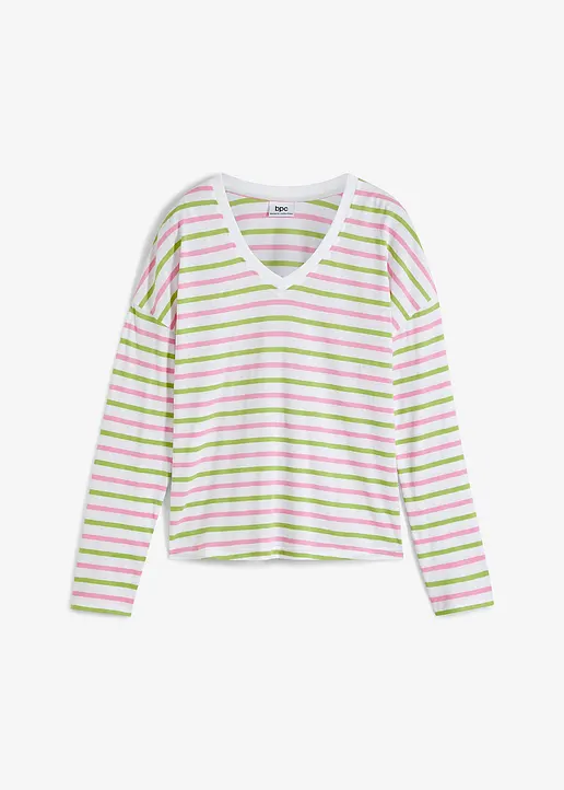 bonprix Langarmshirt aus Bio-Baumwolle mit V-Ausschnitt - weiß